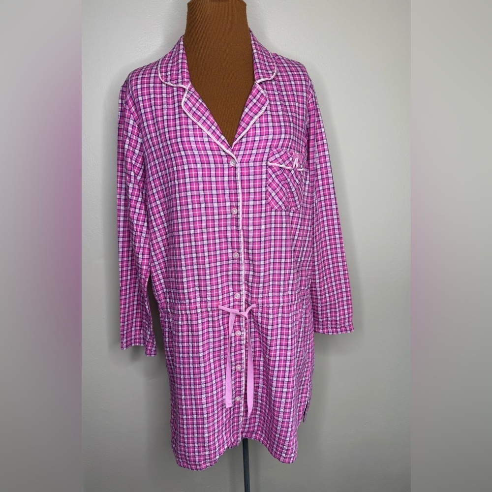 Victoria's Secret Pink Checkered Pajama Nightshirt Drawstring Size Medium